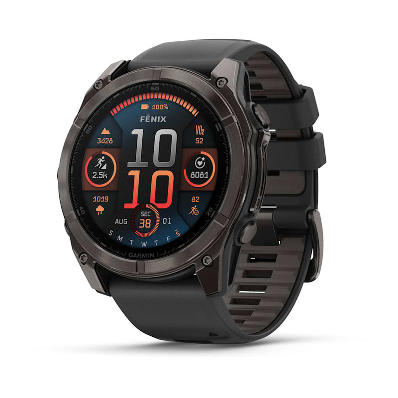 Garminfenix8AMOLEDMultisportGPSSmartwatchfrontangleviewshowinglotsofmetrics